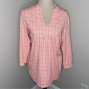 Ellie Kai coral pink geometric print tunic top 3/4 sleeve stretch jersey size 10